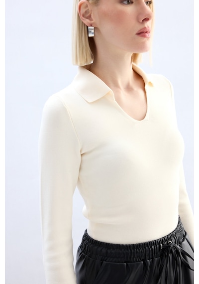 Sateen Polo Yaka Triko - Ekru-132061 Ekru