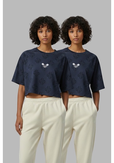 Soft&Basic Kadın 2'li Nakışlı %100 Organik Pamuk Bisiklet Yaka Kısa Crop T-shirt Lacivert-lacivert