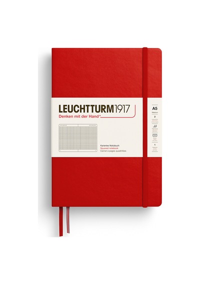 Leuchtturm1917 Not Defteri Orta Boy A5 , Sert Kapak, 251 Numaralandırılmış Sayfa, Kareli, Kiraz Kırmızı