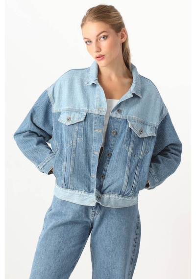 Kadın Renk Bloklu Oversize Jean Ceket Mavi 001