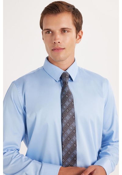 Tudors Erkek Slim Fit Premium Likralı Pamuk Saten Mavi Gömlek-35741 Mavi