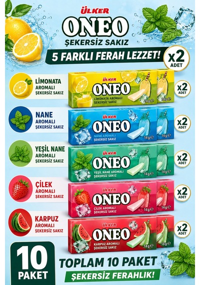 Oneo 10'lu Karışık Şekersiz Sakız Seti 5 Çeşit, 2'şer Paket
