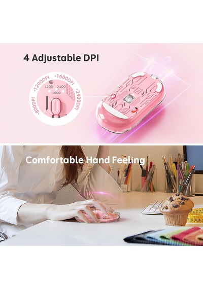 Btm005 Saydam Ofis Mouse 2.4g Kablosuz + Çift Bluetooth Sessiz Tıklama 2400 Dpı Pembe