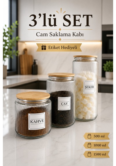 3'lü Ahşap Vakumlu Kapaklı Çay Şeker Ve Kahve Kavanozu Saklama Kabı Cam 600-900-1400 Ml Şeffaf