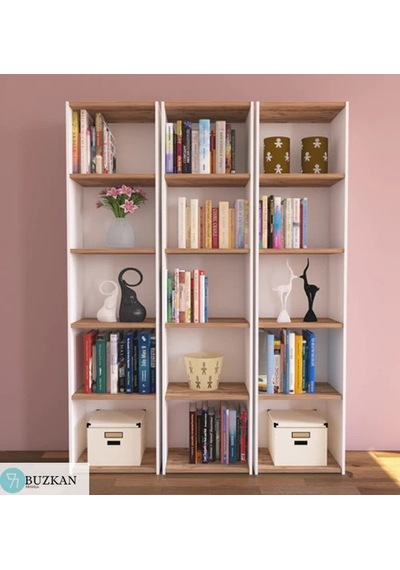 %100 mdf Beyaz-Atlantik Çam 3'lü Kitaplık