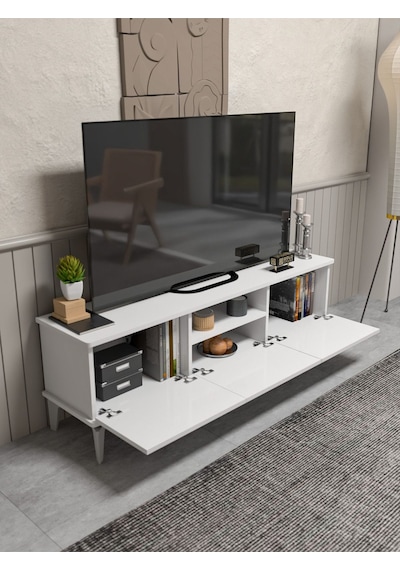 Tv Sehpası Tv Ünitesi Beyaz Gümüş 160 Cm Saraylı 5063 Metalik