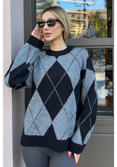 Madmext Siyah Baklava Desen Kadın Triko Kazak Mg2190 Siyah