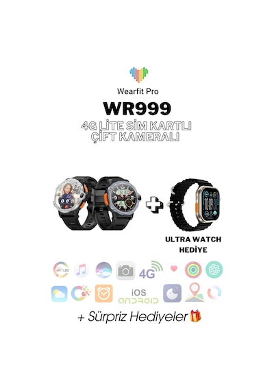 Wearfitpro Wr 999 4g Lite Sim Kartlı Çift Kameralı Yeni Nesil Özellikli Gb Yuvarlak Akıllı Saat Ultra Watch