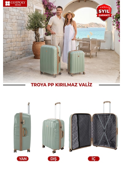 Cotpoly Home Troya Pp Polipropilen Kırılmaz Kabin Boy Valiz 360 Döner Sessiz Tekerlekli Yeşil