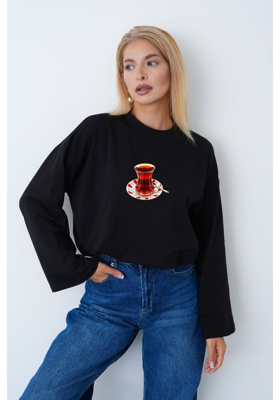 Herkesemoda Çay Bardağı Baskılı Uzun Kollu Tesettüre Uygun Body Siyah