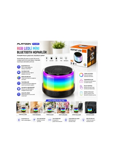 Bt - Sd - Usb Şarjlı Rgb Işıklı Bluetooth Wireless Speaker Hoparlör 3w Pl-4675 5566 Çok Renkli