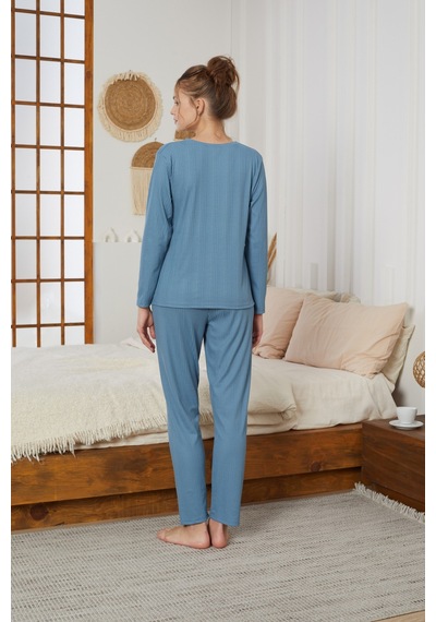 Siyah İnci Love Nakışlı Fitilli Örme Pijama Takım25226001 İndigo