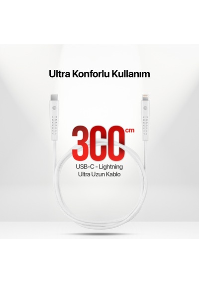 Mojue 3A/27W 300 CM USB-C Apple iPhoneUyumlu Lightning Şarj Kablosu