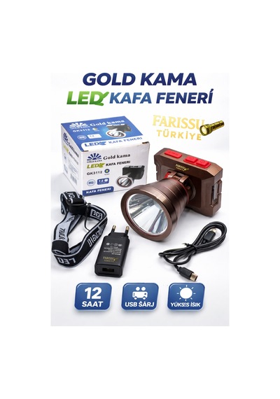 Gk3112 Led Kafa Feneri 10w Type-c Şarjlı 2000 Lümen 3 Modlu 800 Metre Güçlü Aydınlatma Kahverengi