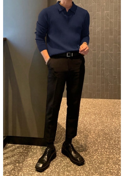 Cool Tarz Erkek Polo Yaka Triko Kazak Slim Fit Fitilli Lacivert