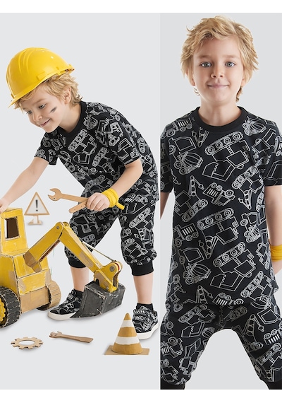 Araba Erkek Çocuk Siyah Yazlık T-Shirt Kapri Şort Takım