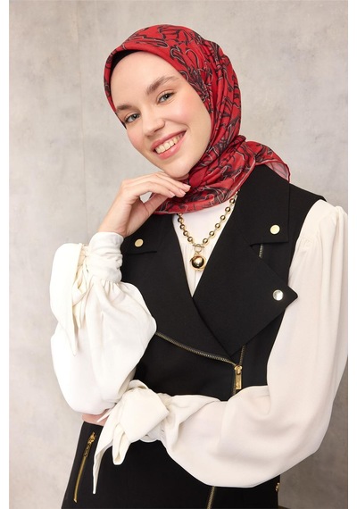 Silk Home Pamuk Polyester Soft Eşarp Kırmızı Zemin Vizon-siyah Lilyum Desenli Kaymaz Tok Duruşlu 90x90 Çok Renkli