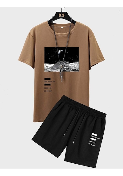 Moon T-shirt Şort - Vizon Siyah Alt Üst Kombin Şort Tişört Takım Baskılı Oversize Bisiklet Yaka Vizon Siyah Moon T-shirt Şort - Vizon Siyah Alt Üst Kombin Şort Tişört Takım Baskılı Oversize Bisiklet Yaka Vizon Siyah