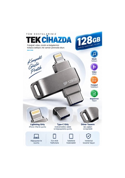 Lb Çoklu Girişli 128gb Lightning Type C Usb Flash Bellek Telefon Tablet Ve Bilgisayar Uyumlu