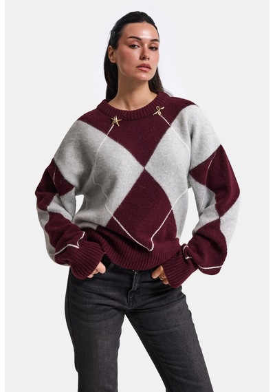 Kadın Bordo Gri W6-35 Oversize Baklava Desenli Aksesuar Detaylı Tasarım Triko Kazak