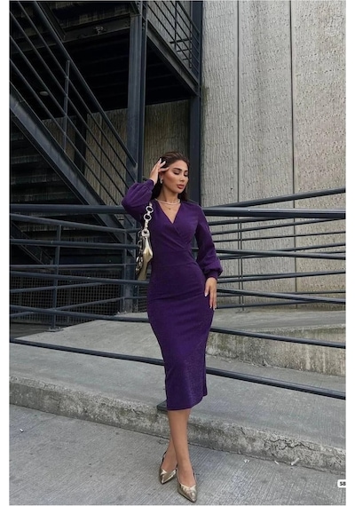 Veraura Lifestyle Kadın Minimal Tasarım Kruvaze Yaka Midi Uzun Kollu Elbise Mor