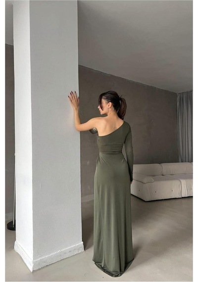 DefyModa Kadın Saten Kumaş Tek Omuz Dekolteli Maxi Abiye Elbise Haki
