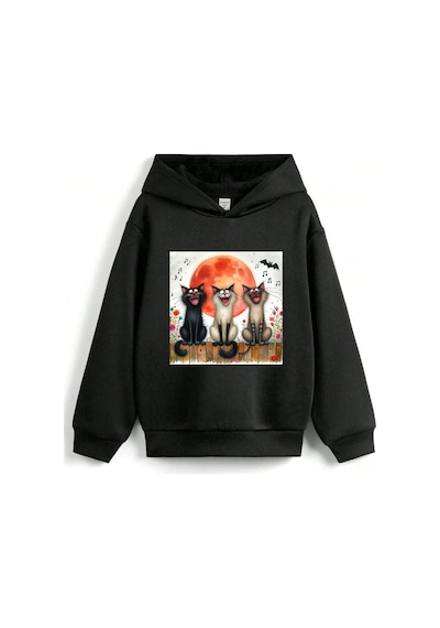 Stil X Sevimli Kediler Baskılı Kapüşonlu Çocuk Sweatshırt Siyah-1