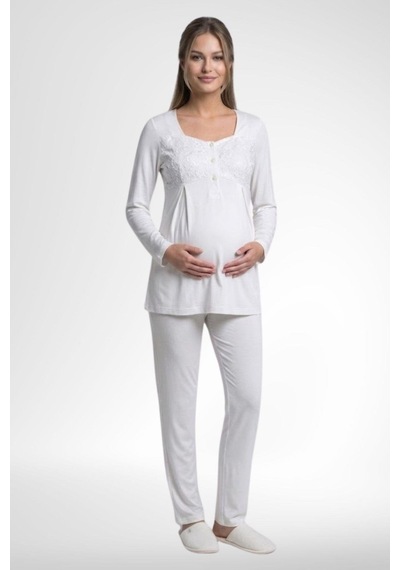 Mecit Pijama Mecit 6402 Kadın Elegant Ekru Dantel Pelerin Lohusa Pijama Takımı
