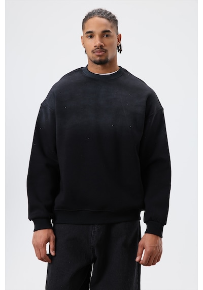 Vamos Yıkamalı Taş Detaylı Oversize Sweatshirt Siyah