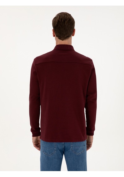 Bordo Regular Fit %100 Pamuk 3 İplik Polo Yaka Sweatshirt Kırmızı