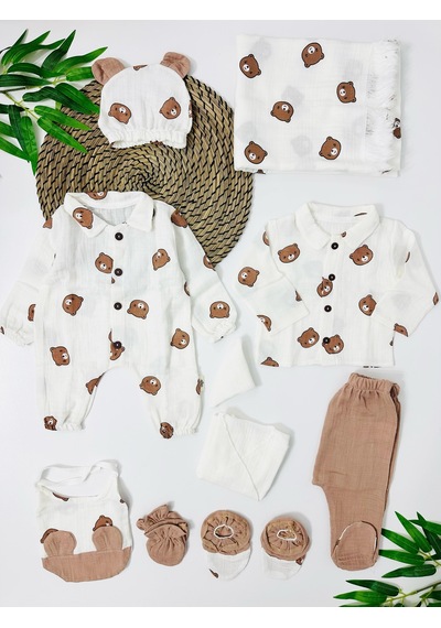 Alpbebe Brazil Bears Organik Müslin 10 Parça Yenidoğan Set - Beyaz Beyaz