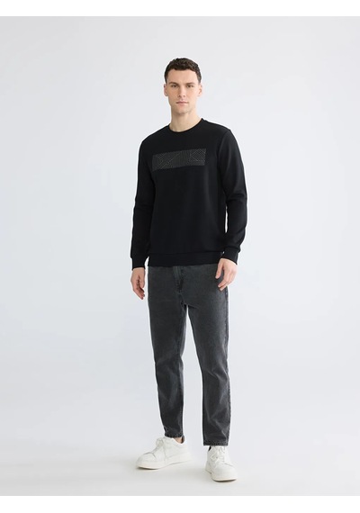 Lc Waikiki Siyah Bisiklet Yaka Baskılı Erkek Sweatshirt