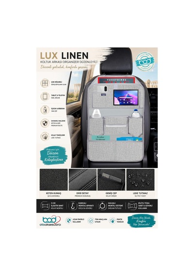 Bod Lux Linen Serisi Keten Koltuk Arkası Düzenleyici Araç İçi Organizer Gri