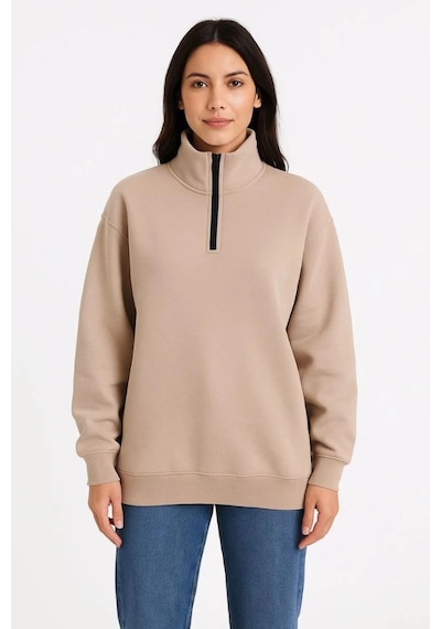 Freedom Storee Kadın 3 İplik Dık Yaka Yarım Fermuarlı Sweatshirt - Bej Çok Renkli