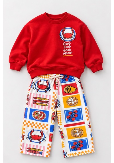 Mamy Kids Erkek Çocuk Yengeç Baskılı Eşofman Takım Kırmızı Çok Renkli