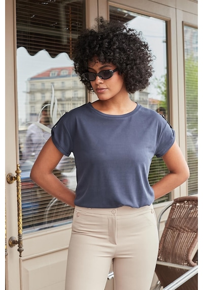 Jument Kadın Modal Penye Geniş Sıfır Yaka Düşük Omuzlu Apoletli Kısa Kol T-shirt Bluz-lacivert Lacivert
