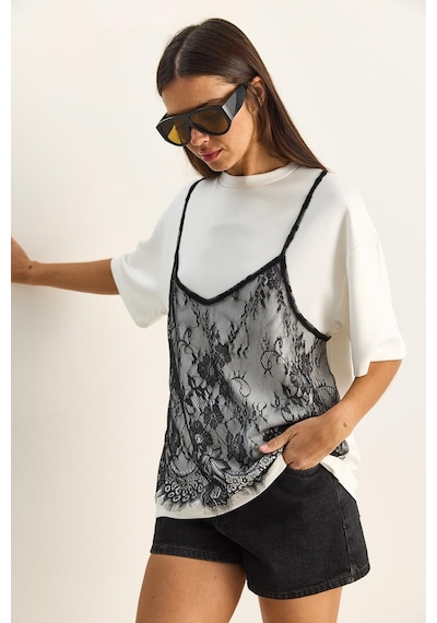 Shade Kadın Dantel Detaylı Katmanlı Görünümlü Basic T-shirt 1083 60286114 - Beyaz