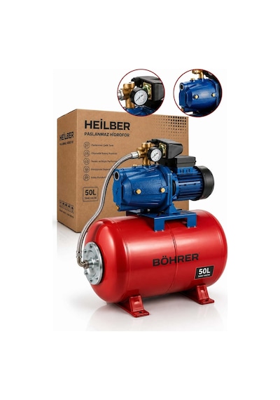 Heilber Ba0115367 Jet750 Ah Otomatik Basınç Kontrollü Elektrikli Hidrofor Su Pompası 50 L Yatay Paslanmaz