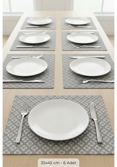 Kumaş Supla Takımı 6 Adet Tabak Altlığı Gri Çiçek Desenli Dikişli Amerikan Servis 35x45 Cm