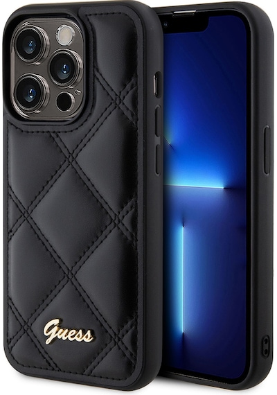 Apple iPhone 14 Pro Max Uyumlu Kılıf Guess  Lisanslı Pu Deri Metal Yazı Logolu Kapitone Kapak Siyah