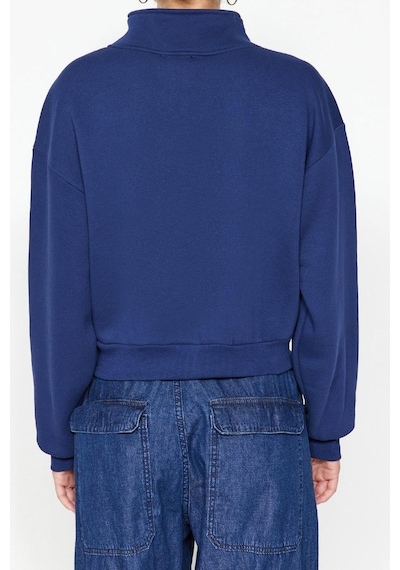 Ersefa Fitted Fermuarlı Yaka Crop Rahat Kesim Crop Basic Fermuarlı Kalın Lacivert