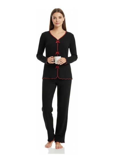 Angbutik Premium Kadın 4 Lü Fitilli Set Siyah Kırmızı Biyeli Pijama Üst, Pantolon, Bikini Takımı