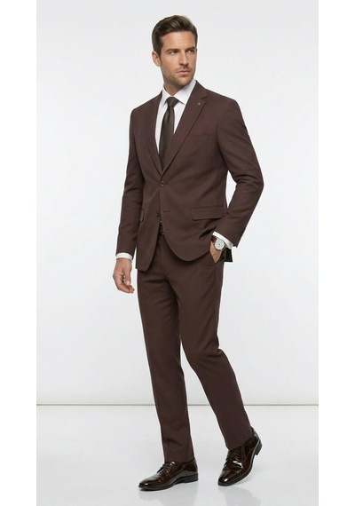 Tk 6893erkek Klasik 2 Li Takım Elbise 2 Düğmeli Slim Fit Esnek Kumaş Çift Yırtmaçlı 7 Drop Kahverengi