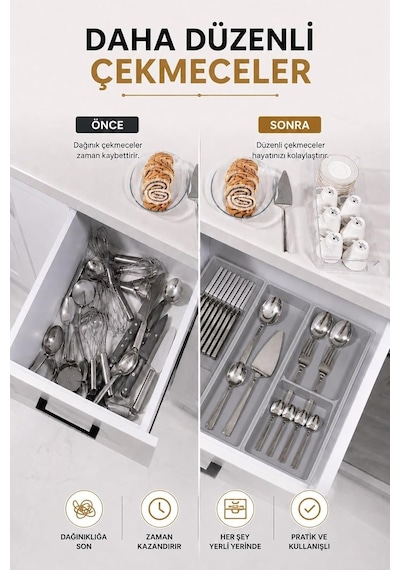 Çekmece İçi Bıçaklık Organizer Bölmeli Mutfak Düzenleyici Gri S-11029 Çok Renkli