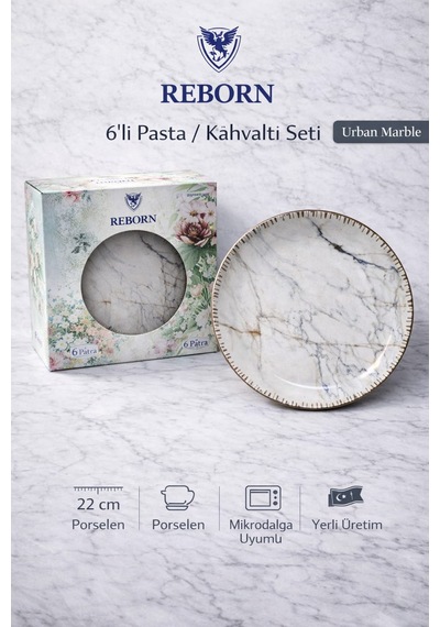 Reborn Kutulu Urban Marble 6 Lı Porselen Pasta / Kahvaltı Tabağı Seti 22 Cm Hediyelik & Çeyiz & Yeni Ev Beyaz