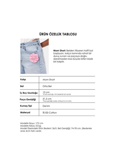 it's basic Kadın Mavi 4s6-3 Mom Relax Gül Ve Nakış Detaylı Özel Tasarım Denim Şort