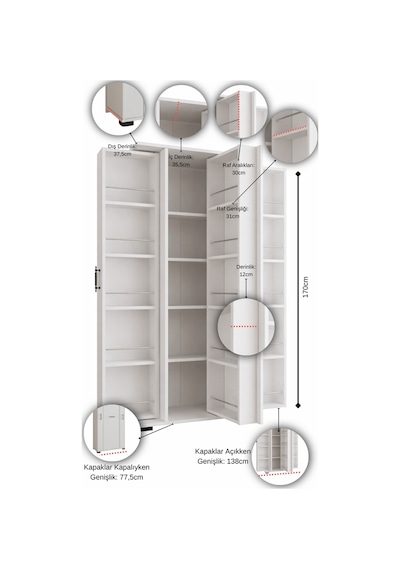 Aeka Ae-3083 Hazal Çok Amaçlı Mutfak Dolabı 3 Kapaklı 15 Raflı Kiler Dolabı Modern Tasarım 170x138x77,5 Beyaz