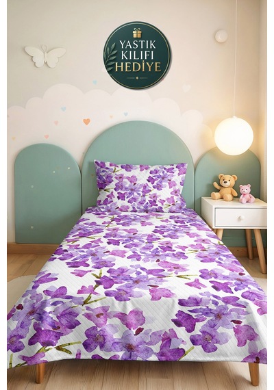Mor Çiçekli Modern Genç Odası Tek Kişilik Pike Takımı - Lila Beyaz 160x220 Cm Kapitone Yatak Örtüsü Buharlı Nehir Anısı