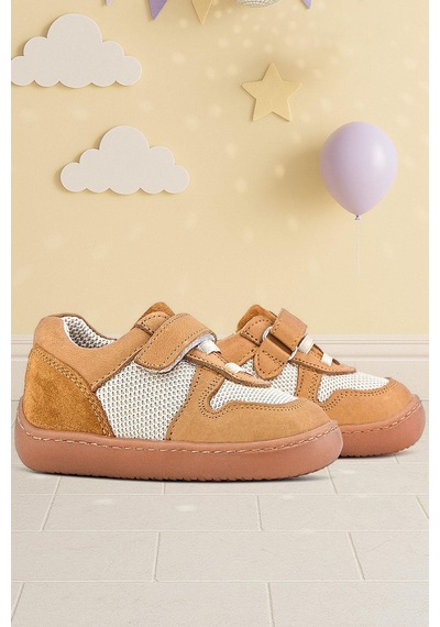 Rakerplus Bob Hakiki Deri Taba Krem Barefoot Cırtlı Lastikli Bebek Sneaker Ayakkabı Taba