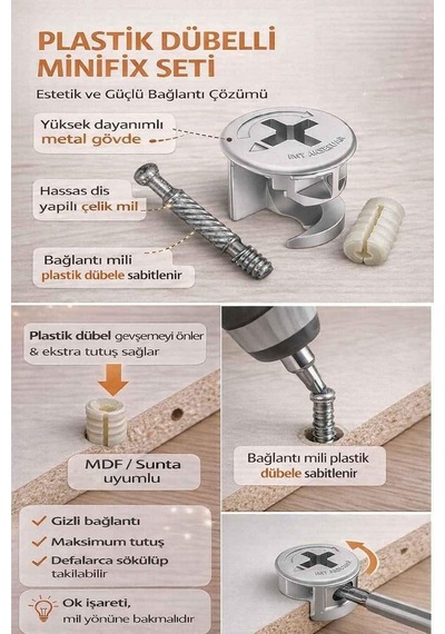 İmt Aksesuar Plastik Dübelli Minifix Gövde Ve Mil Seti - Mobilya Bağlantı Elemanı 30 Adet Metalik Çok Renkli İmt Aksesuar Plastik Dübelli Minifix Gövde Ve Mil Seti - Mobilya Bağlantı Elemanı 30 Adet Metalik Çok Renkli